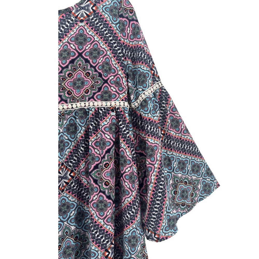 Altar'd State Womens Blue Pink Geometric Bell Sleeve Boho Mini Dress M Festival - Picture 9 of 11